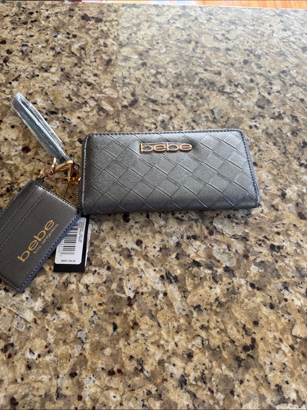 Bebe Metallic Quilted Silver Zip Wallet with Keyring